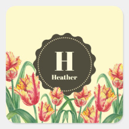 Blommigten Monogram för vattenfärgsbenet Gult Parr Fyrkantigt Klistermärke