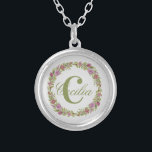 Blommigten Monogram Lila Rosa Grönt  ger henne Silverpläterat Halsband<br><div class="desc">Anpassa den här rundan Silver Necklace med ditt efternamn eller förnamn namn och ditt första. Du kan ändra teckensnittet eller färg i texten.</div>