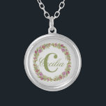 Blommigten Monogram Lila Rosa Grönt  ger henne Silverpläterat Halsband<br><div class="desc">Anpassa den här rundan Silver Necklace med ditt efternamn eller förnamn namn och ditt första. Du kan ändra teckensnittet eller färg i texten.</div>
