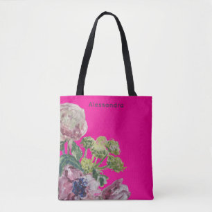 Blommigten Monogram shock rosa vattenfärgen namn f Tygkasse