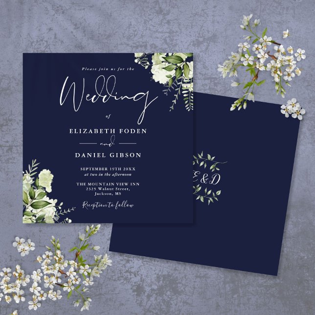 Blommigten Monogram Square Bröllop Inbjudningar (Navy Blue Greenery Floral Monogram Square Wedding Invitation)