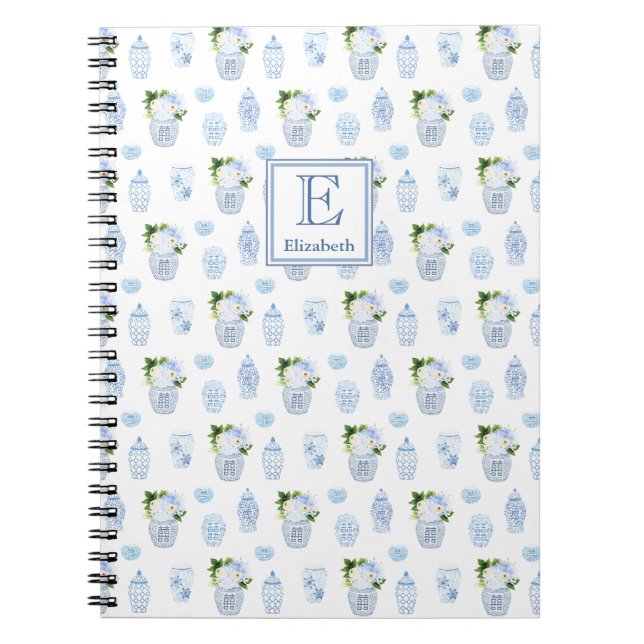 Blommigten Monogram tidless Blue & White Ginger Bu Anteckningsbok (Framsidan)