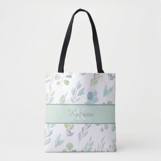Blommigten Monogrammad Watercolor Tote Bag Tygkasse (Framsida)