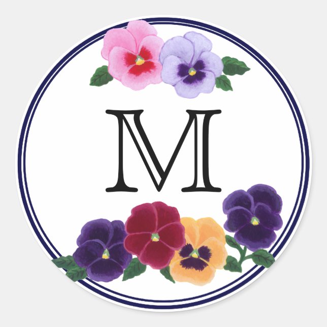 Blommigten Monogrammed Pansies Runt Klistermärke (Framsida)