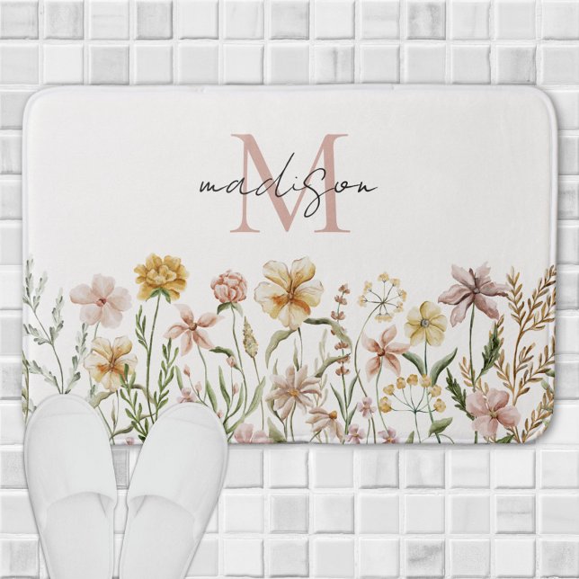 Blommigten Monogrammed Watercolor Wildblomskugga Badrumsmatta (In situ)
