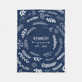 Blommigten mörk blått vita Löv Monogram Mönster Fleecefilt