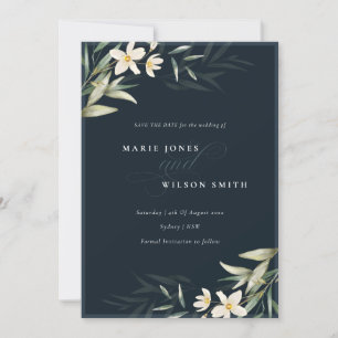 Blommigten mörk Navy White Greenery Spara datumkor Tack Kort