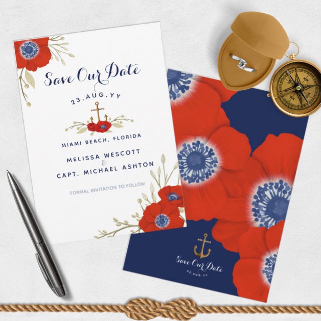 Blommigten Nautical Navy Anchor Bröllop Spara Datumet (Red, White, and Blue Nautical Save Our Date Announcements  )