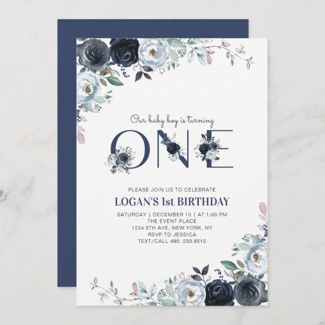 Blommigten "Navy Blue Boho Boy 1st Birthday Party" Inbjudningar (Fram/baksida)