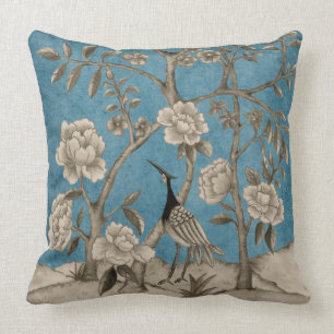 Blommigten Navy Blue Chinoiserie Bird and Peonies Kudde