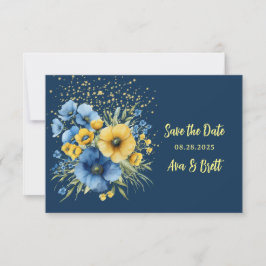 Blommigten Navy Blue & Gult Guld Spara datumkort Datumet