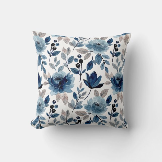 Blommigten Navy Blue Modern Watercolor Skriv ut Mö Kudde (Framsida)