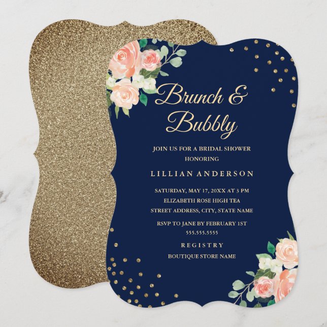 Blommigten Navy Guld Confetti Brunch och BubLY Inbjudningar (Fram/baksida)