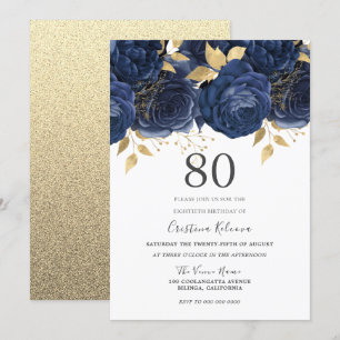 Blommigten Navy Indigo Blue & Guld 80:e Födelsedag Inbjudningar