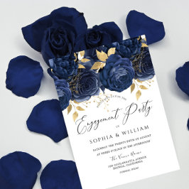 Blommigten Navy Indigo Blue & Guld Förlovningsfest Inbjudningar