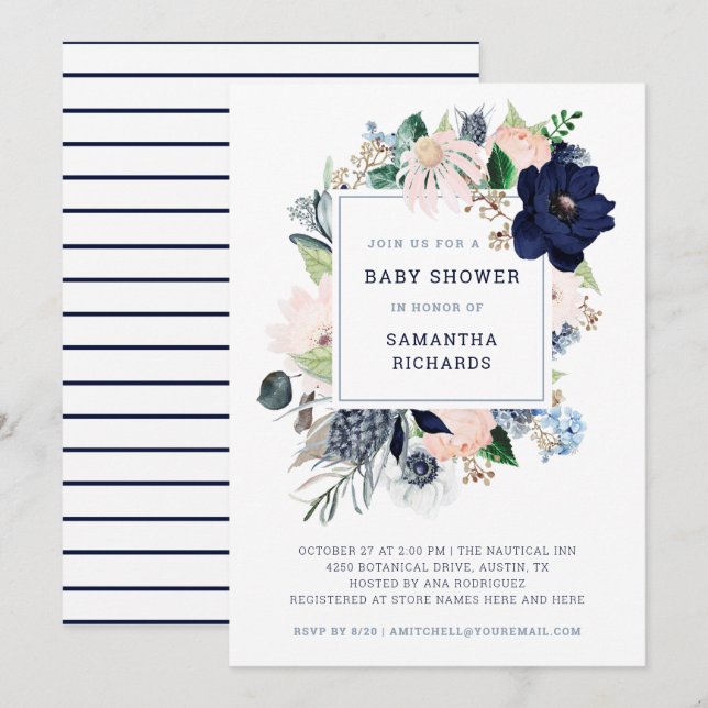Blommigten Navy Nautical och Rand | Baby Shower Inbjudningar (Fram/baksida)