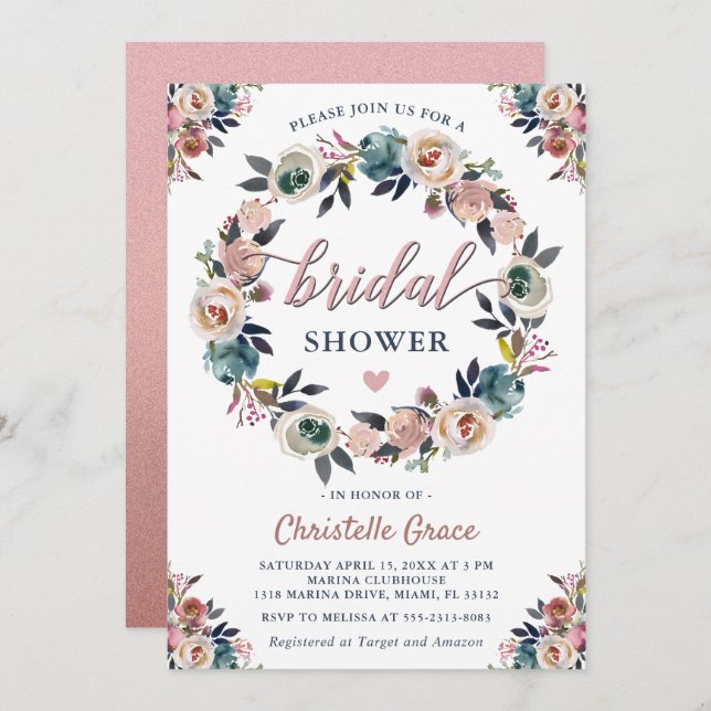 Blommigten Navy Rosa WAN Ro Guld Möhippa Inbjudningar (Fram/baksida)