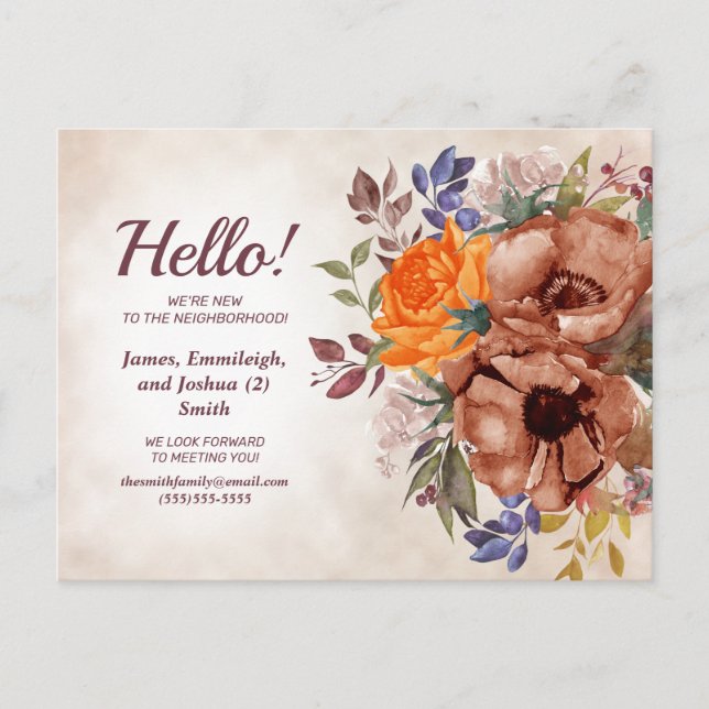 Blommigten Ny granne för orange blått rost vattenf Meddelande Vykort (Framsida)