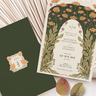 Blommigten Olive & Orange Bröllop Vintage Art nouv Inbjudningar
