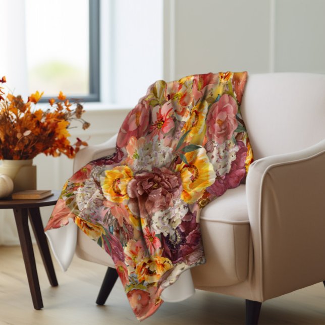 Blommigten orange Burgundy Autumn Fall Watercolor Fleecefilt (Orange and rust autumn floral fleece blanket)