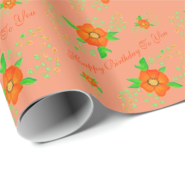 Blommigten orange Designer Birthday Gift Wrap Presentpapper (Rullad Hörn)