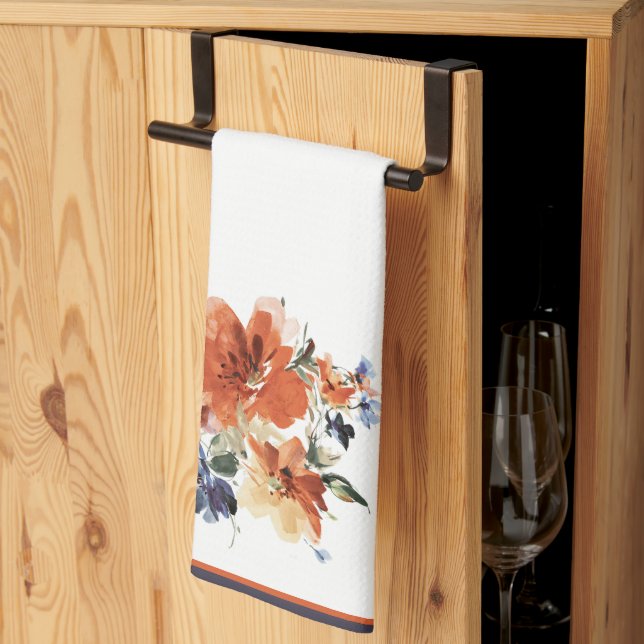 blommigten orange och blå vattenfärg kökshandduk (Thirds Fold)