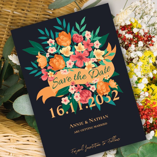 Blommigten Orange och Gult för elegant Spara datum Datumet (Chic Orange Yellow Florals Wedding Save the Date Invitation)