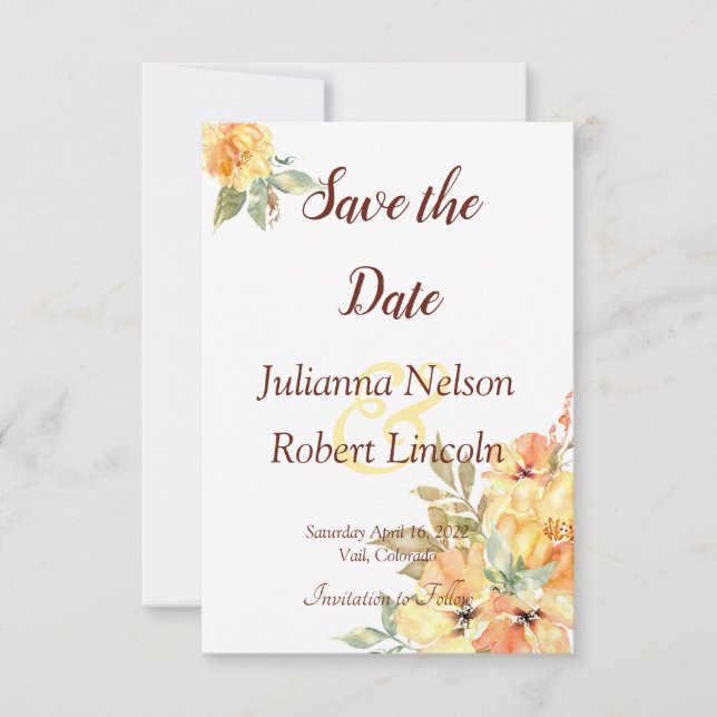 blommigten orange och gult med vattenfärg spara da inbjudningar (Framsida)