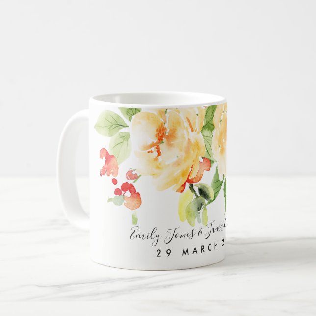 BLOMMIGTEN orange RÖD ROS VATTENFÄRG SPARAR DATUME Kaffemugg (Framsida vänster)