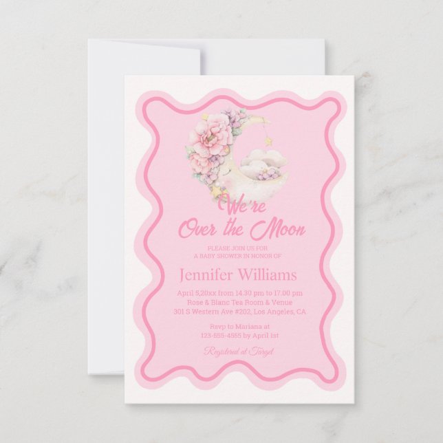 blommigten över måne rosa vågigt barnsköljning av  inbjudningar (Framsida)