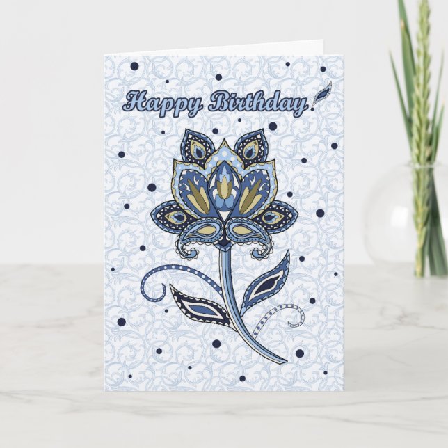 Blommigten Paisley Blue Birthday, Unik Elegant Anp Kort (Framsida)