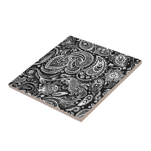 Blommigten Paisley Damasks för vit och svart Vinta Kakelplatta