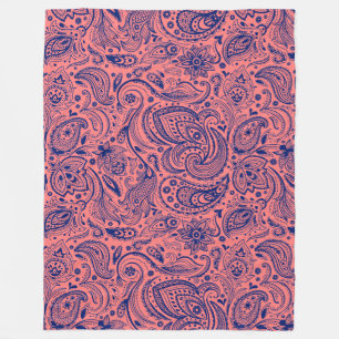 Blommigten Paisley, marinblå och korallröd Fleecefilt