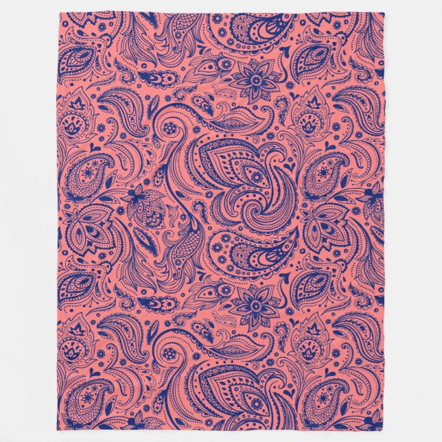 Blommigten Paisley, marinblå och korallröd Fleecefilt (Framsidan)