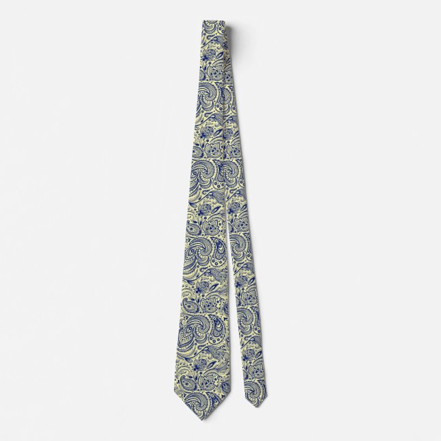 Blommigten Paisley Mönster, marinblå och Gult Slips (Framsida)