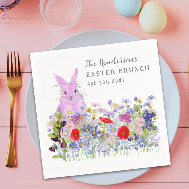 Blommigten påsk Brunch och Egg Hunt Bunny Pappersservett (Personalized Easter brunch egg hunt cute pink bunny wildflower floral spring party napkin)