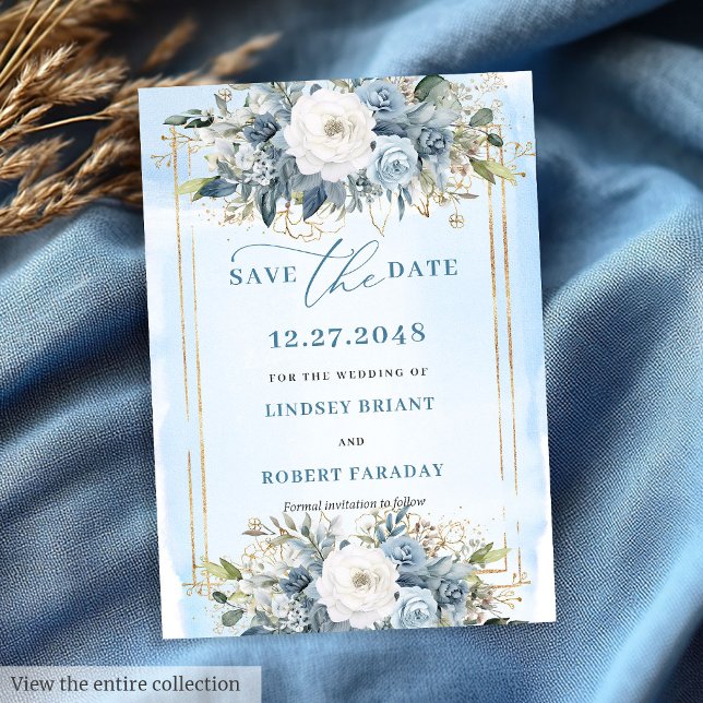 Blommigten Pastel Blue White Guld Spara datumet Inbjudningar (Formal Pastel Blue White Gold Floral Save The Date)