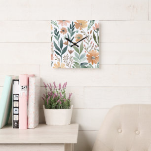 Blommigten Pastel Decor för Wildblommor Boho Water Fyrkantig Klocka