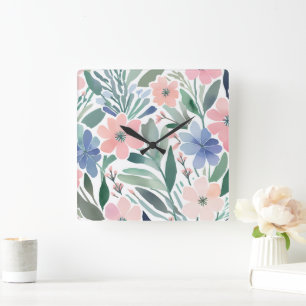 Blommigten Pastel Decor för Wildblommor Boho Water Fyrkantig Klocka