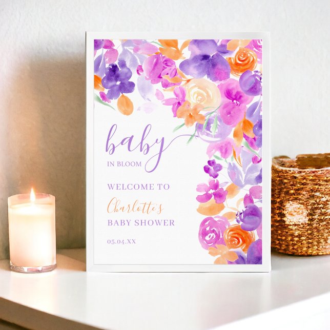 Blommigten Pastel lila orange Välkommen babydusch Poster (Pastel purple orange floral welcome baby shower poster)