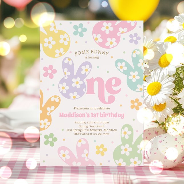 Blommigten Pastel Vår 1:a födelsedagen i Bunny Dai Inbjudningar (Skapare uppladdad)