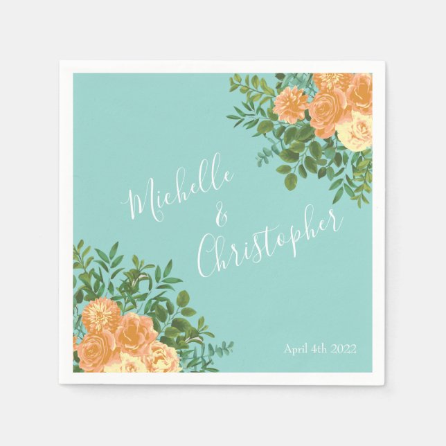 Blommigten Peach Aqua Teal Bröllop Ro Pappersservett (Framsidan)
