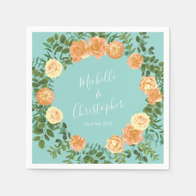 Blommigten Peach Aqua Teal Bröllop Ro Pappersservett (Framsidan)