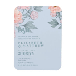 Blommigten Peach Dusty Blue Sage Löv Bröllop Magnet