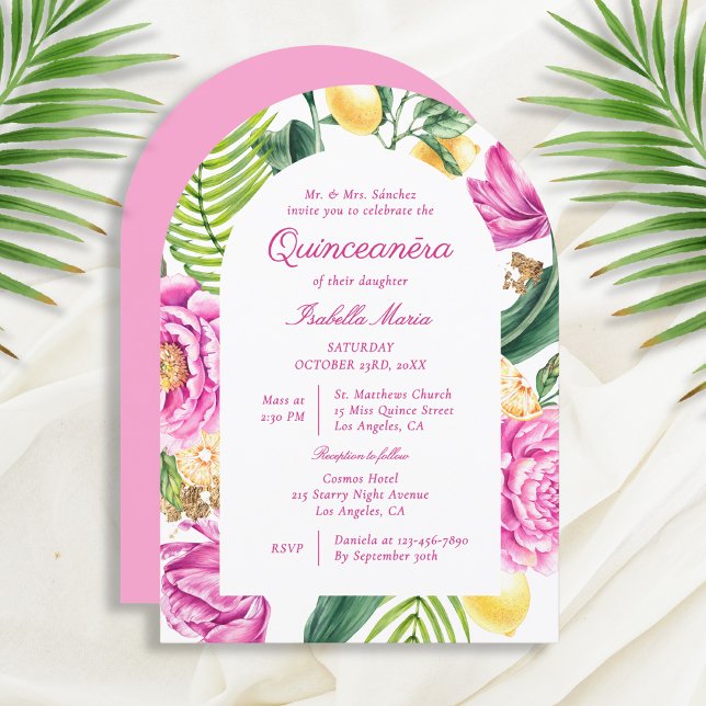 Blommigten Peonies Tulips Lemon Quinceañera Inbjudningar (Skapare uppladdad)