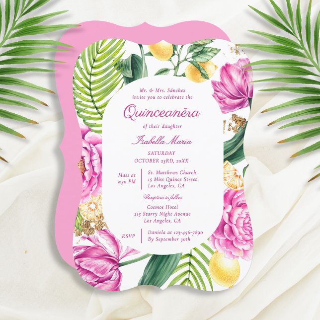 Blommigten Peonies Tulips Lemon Quinceañera Inbjudningar (Skapare uppladdad)