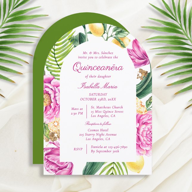 Blommigten Peonies Tulips Lemon Quinceañera Inbjudningar (Skapare uppladdad)