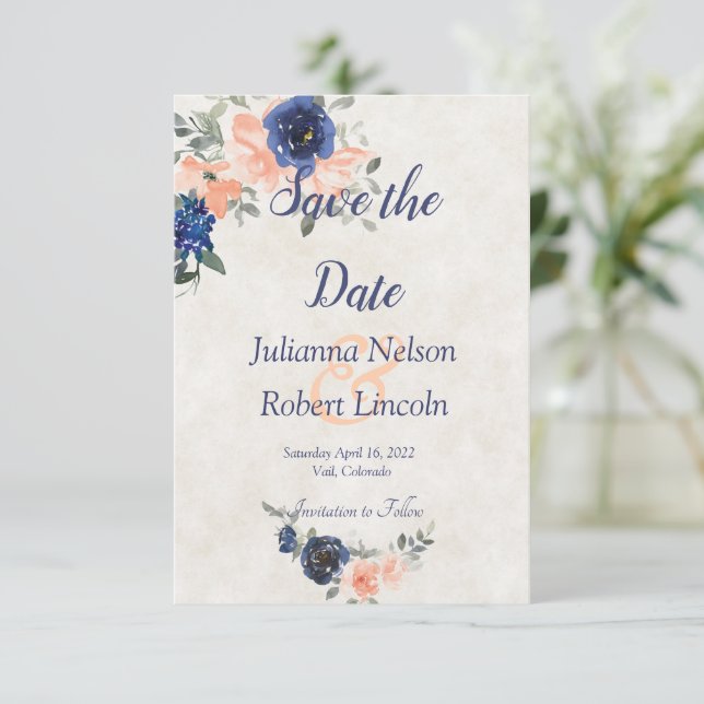 Blommigten Persika och blå vattenfärg spara datume Inbjudningar (Stående Fram)