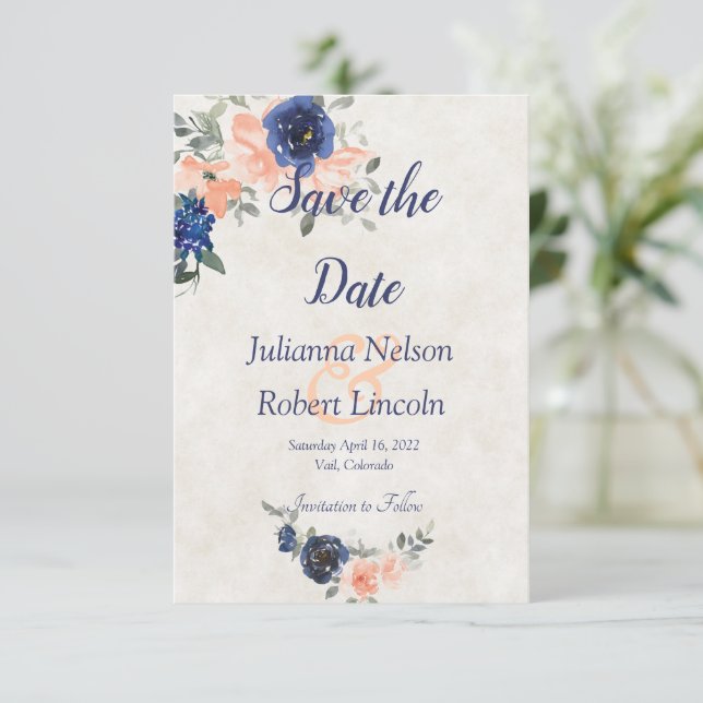 Blommigten Persika och blå vattenfärg spara datume Inbjudningar (Stående Fram)