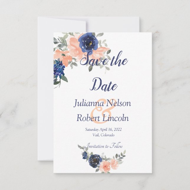 Blommigten Persika och blå vattenfärg spara datume Inbjudningar (Framsida)